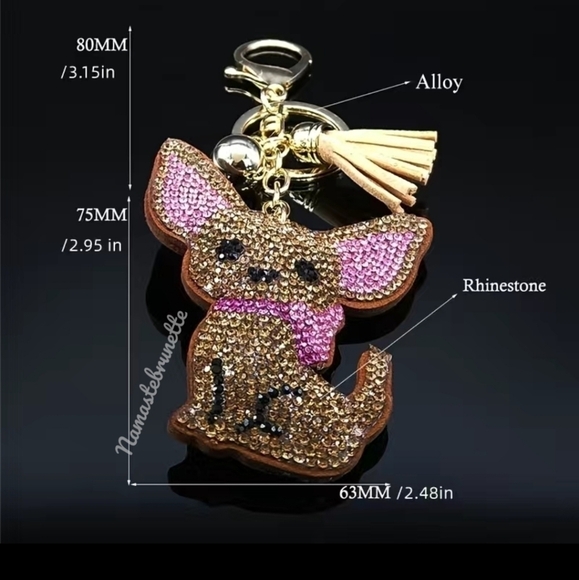 Chihuahua Dog Crystal Rhinestone Keychain Bag Charm With Black Tassel - Picture 17 of 17